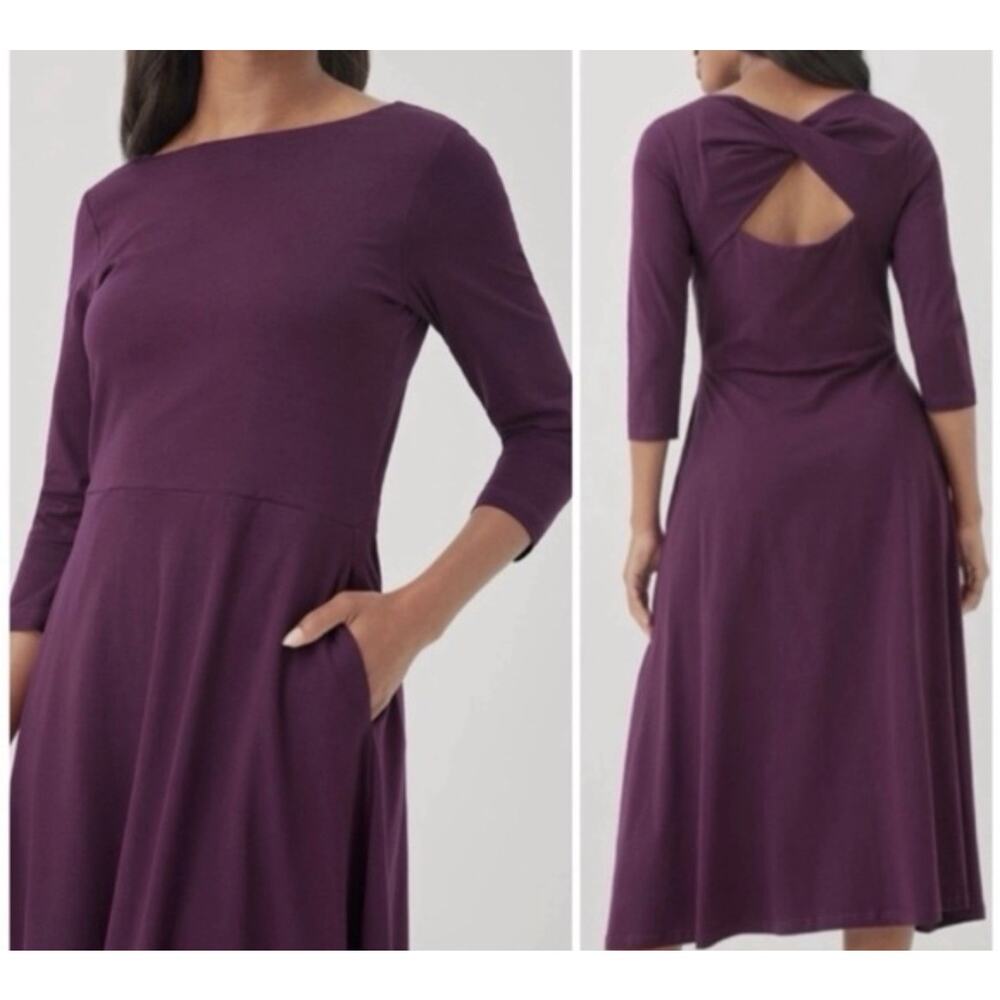 Pact Twisted Open Back Midi Dress Womens sz L Purple pockets Organic sustainable